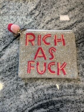 Rich As Beaded Statement Pouch in Pink and Silver - Designer Style